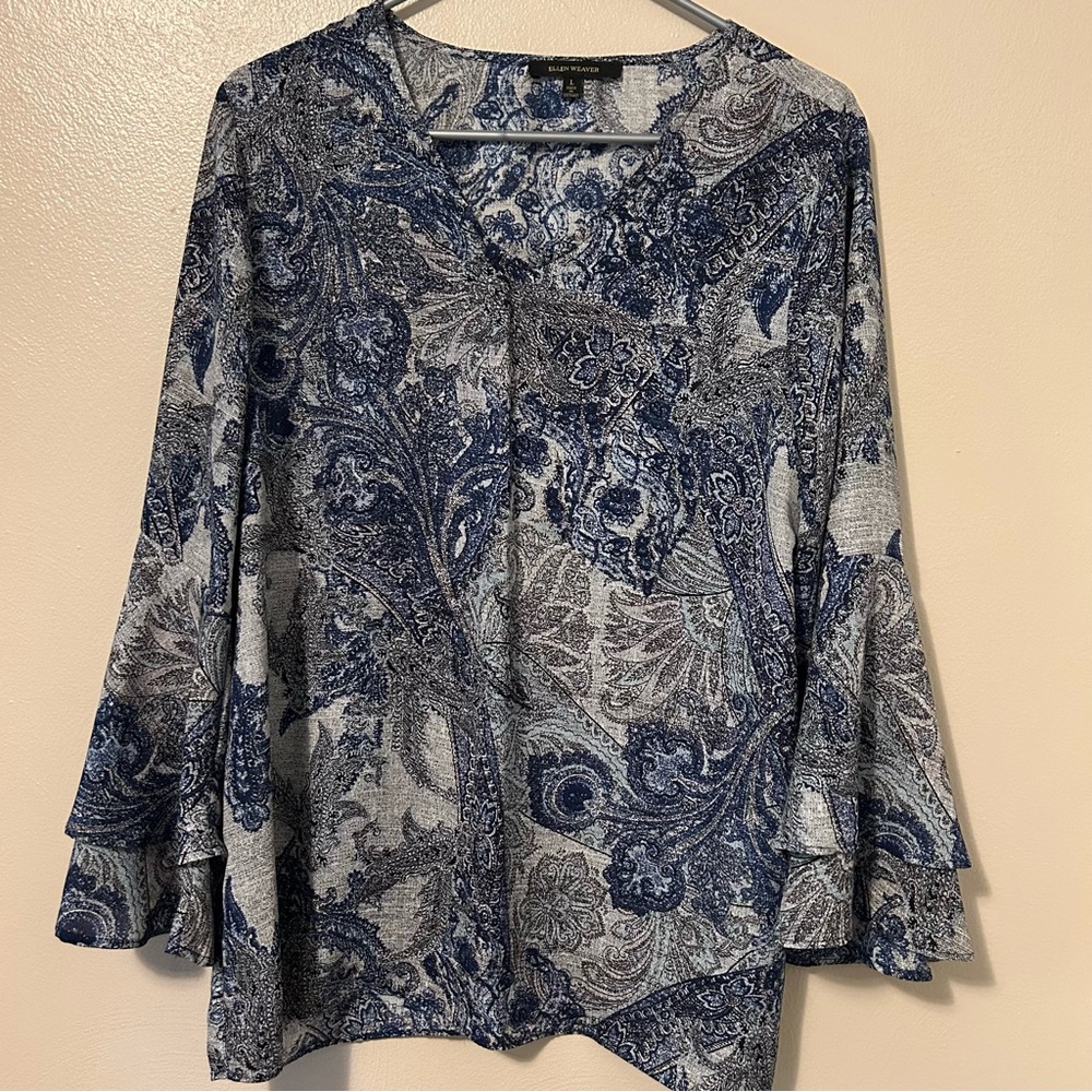 Ellen Weaver Blue Bell Sleeve Paisley Blouse
